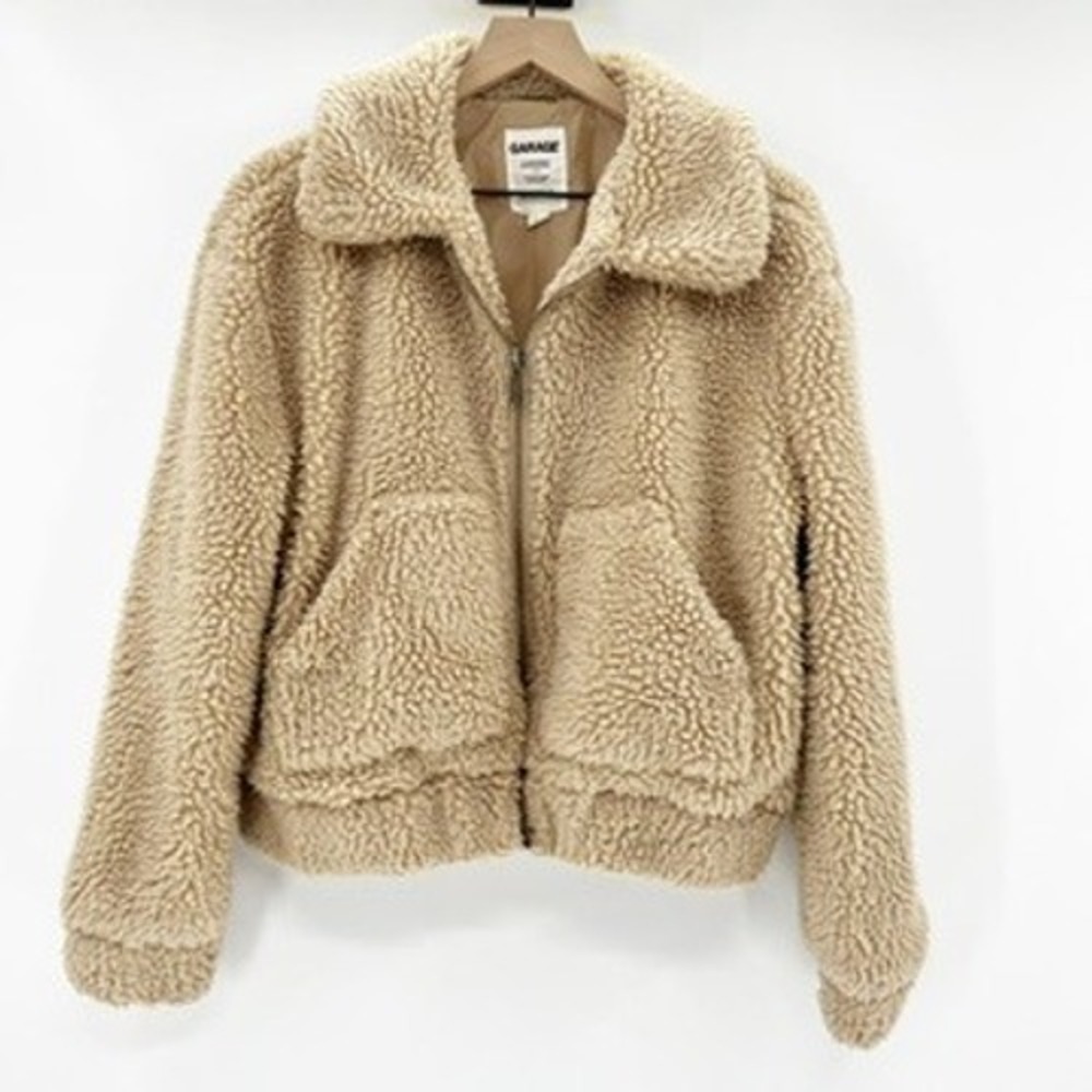 GARAGE Fuzzy Teddy Bear Fleece Bomber Jacket Tan Brown Zip Up Collar Women's M L